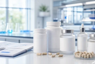 Compléments alimentaires neutres dans un environnement de laboratoire pour illustrer le Swiss made