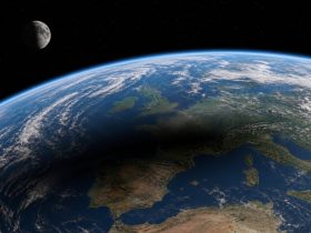 Vue de l’ombre de la Lune projetée sur l’Europe pendant une éclipse solaire