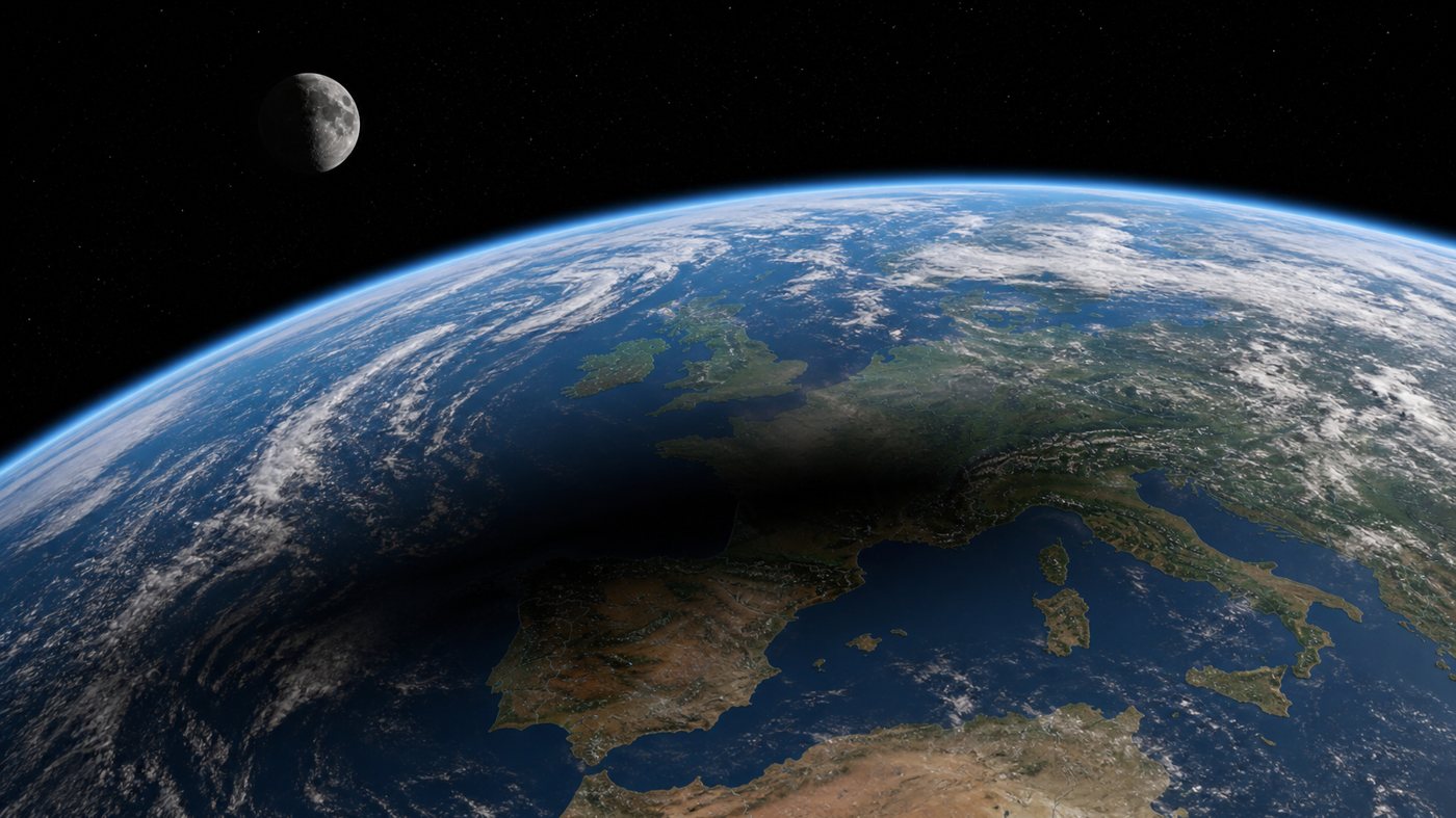 Vue de l’ombre de la Lune projetée sur l’Europe pendant une éclipse solaire