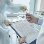 Médecin remettant un document administratif de santé à un patient