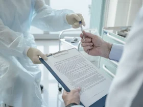 Médecin remettant un document administratif de santé à un patient