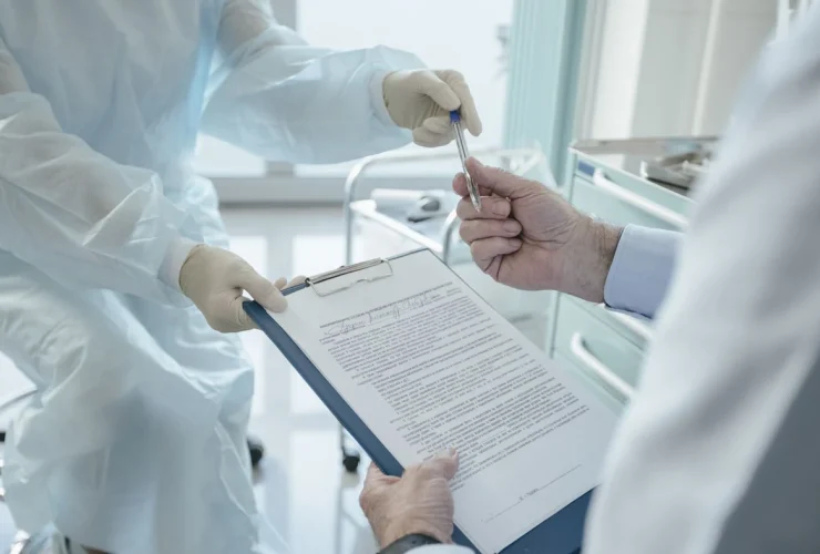 Médecin remettant un document administratif de santé à un patient