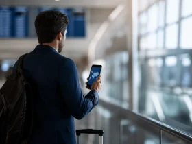 Voyageur consultant son smartphone pour rester connecté à l’étranger