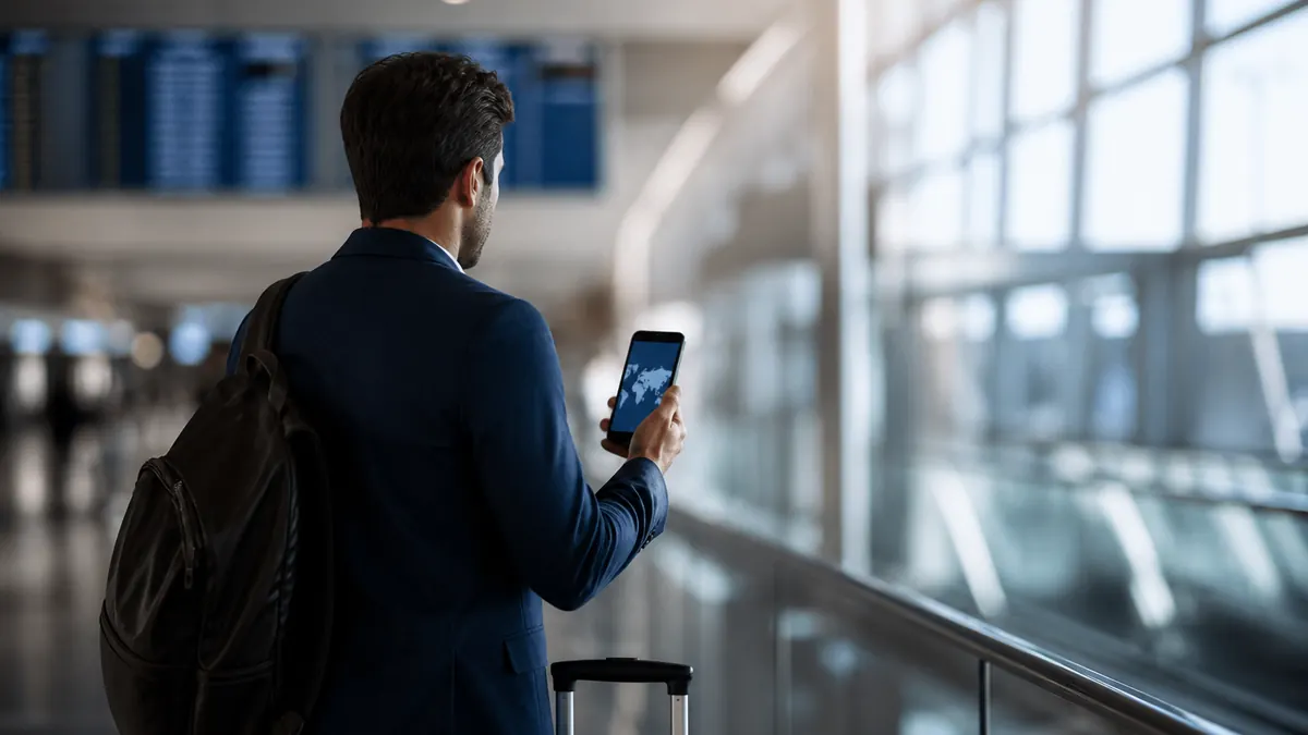 Voyageur consultant son smartphone pour rester connecté à l’étranger