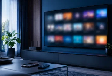 Téléviseur connecté et routeur dans un salon moderne sans contenu identifiable