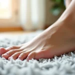 Pied posé sur un tapis clair, illustration de l’usage quotidien d’un correcteur d’orteil
