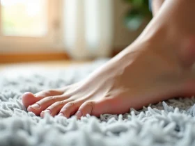 Pied posé sur un tapis clair, illustration de l’usage quotidien d’un correcteur d’orteil