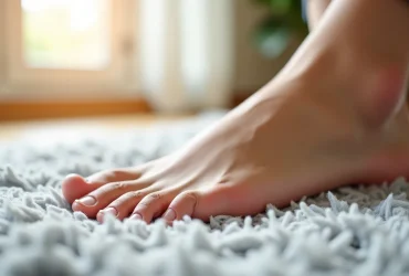 Pied posé sur un tapis clair, illustration de l’usage quotidien d’un correcteur d’orteil