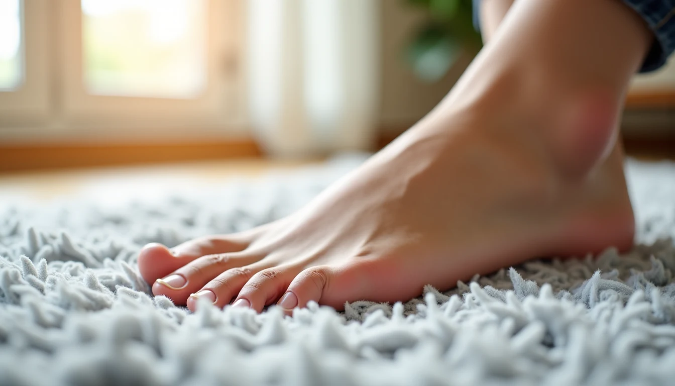 Pied posé sur un tapis clair, illustration de l’usage quotidien d’un correcteur d’orteil